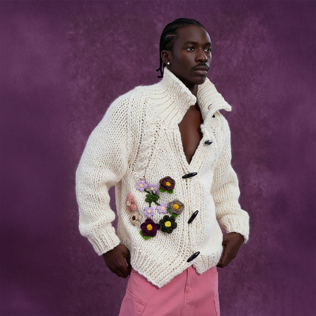 CLP Chunky Bloom Stand-Collar Cardigan-Sweater-One Size-White-Free Shipping Leatheretro