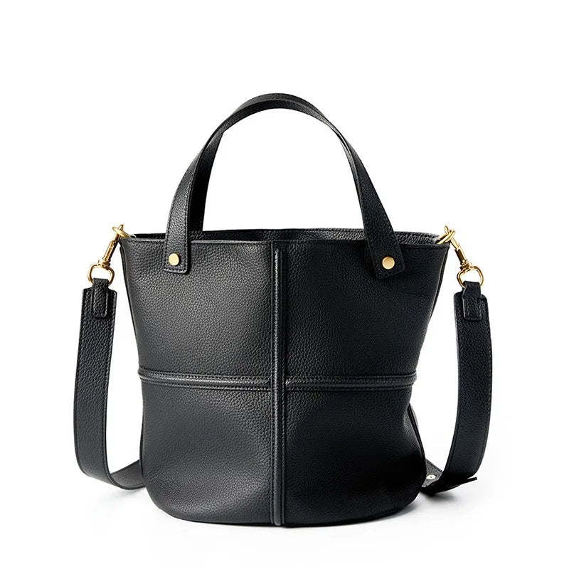 Genuine Leather Large Capacity Bucket Shoulder Bag-Handbags-Black-Free Shipping Leatheretro