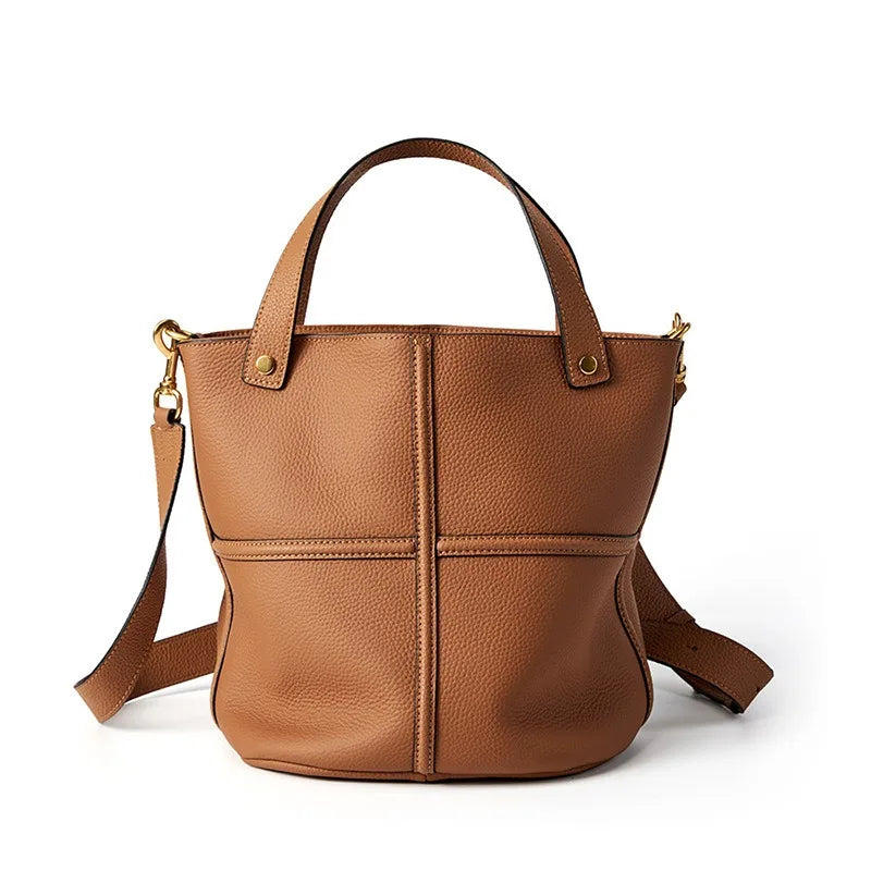 Genuine Leather Large Capacity Bucket Shoulder Bag-Handbags-Brown-Free Shipping Leatheretro