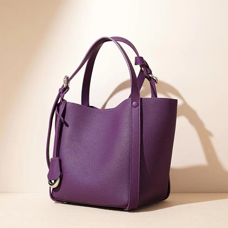 Genuine Leather Large Capacity Women's Bucket Handbag-Handbags-Green-Free Shipping Leatheretro