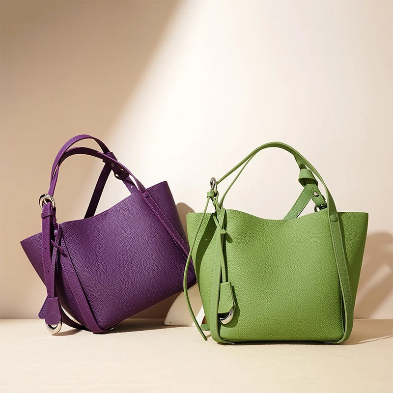 Genuine Leather Large Capacity Women's Bucket Handbag-Handbags-Green-Free Shipping Leatheretro