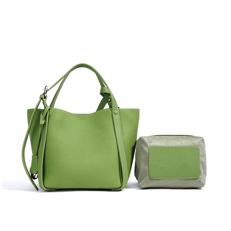 Genuine Leather Large Capacity Women's Bucket Handbag-Handbags-Green-Free Shipping Leatheretro