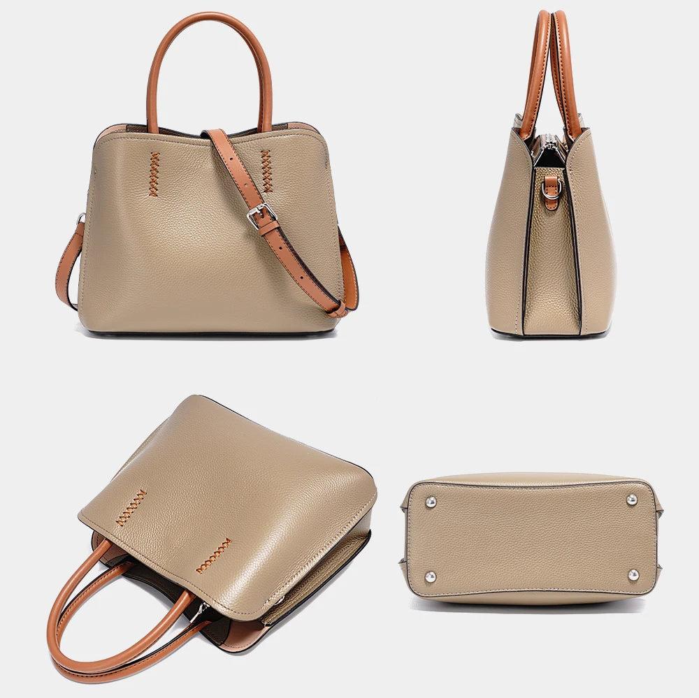 Genuine Leather Shopper Bag Designer Shoulder Bag-Handbags-Khaki-Free Shipping Leatheretro