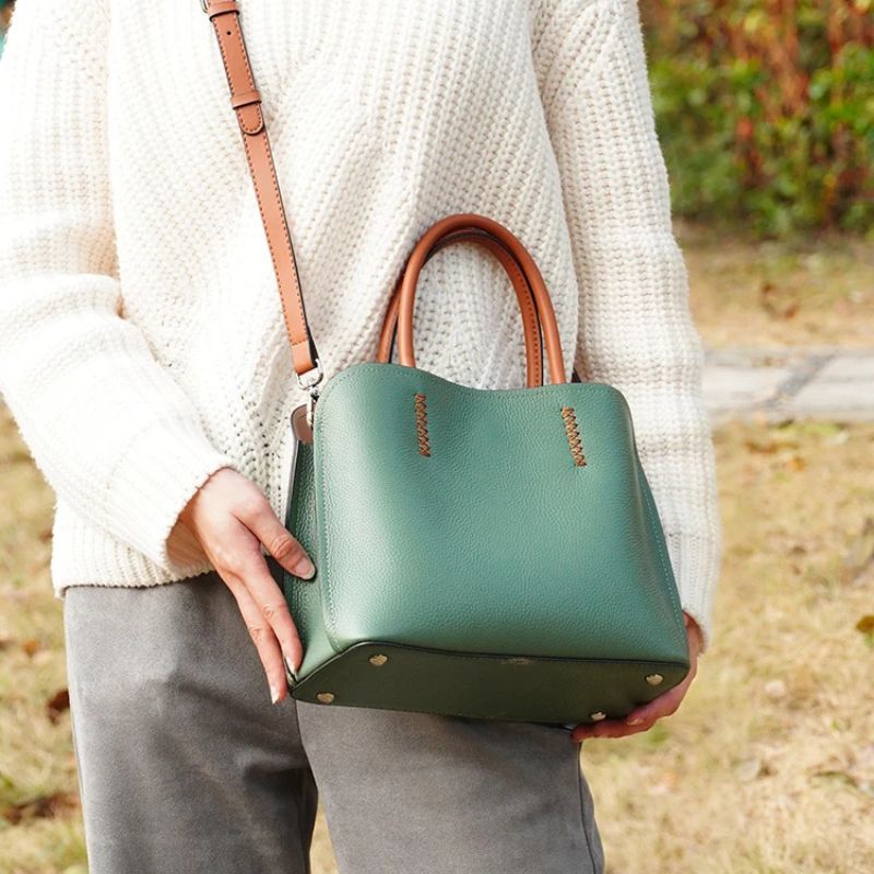Genuine Leather Shopper Bag Designer Shoulder Bag-Handbags-Khaki-Free Shipping Leatheretro
