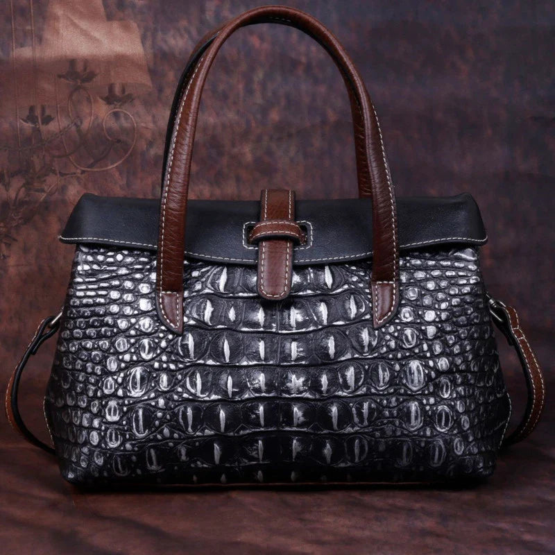 Genuine Leather Shoulder Bag Luxury Alligator Handbag-Handbags-Retro Black-Free Shipping Leatheretro