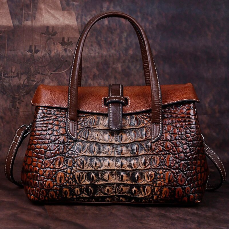 Genuine Leather Shoulder Bag Luxury Alligator Handbag-Handbags-Retro Black-Free Shipping Leatheretro