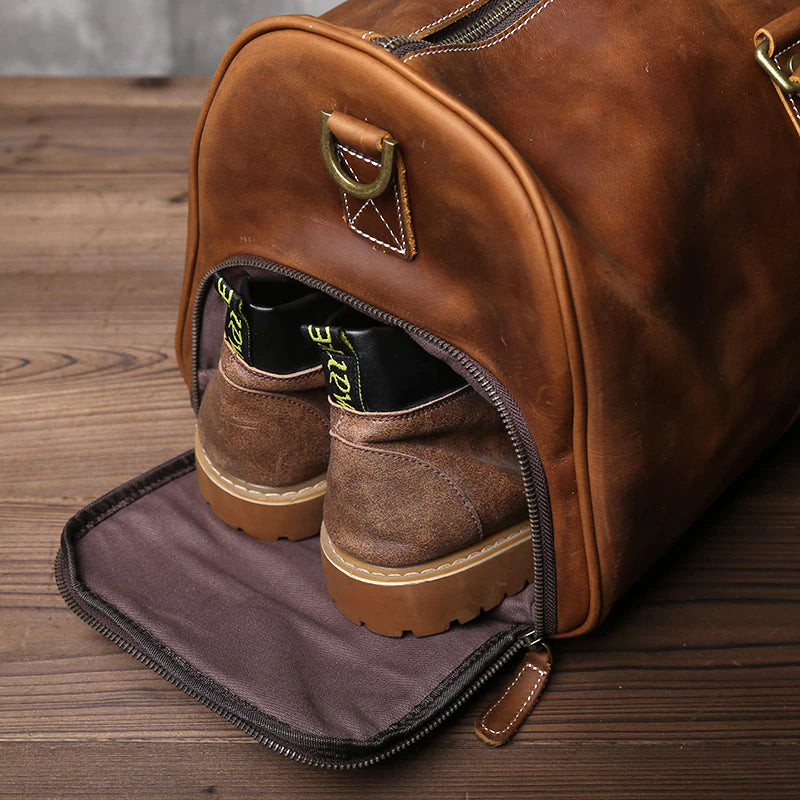 Genuine Leather Travel Bag with Shoe Pocket Travel Duffle-Duffle Bags-Black-Free Shipping Leatheretro