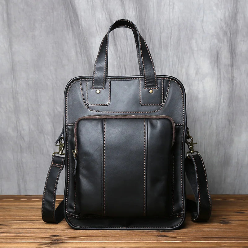 Genuine Leather Vertical Briefcase Handbag-Briefcase-Black-Free Shipping Leatheretro