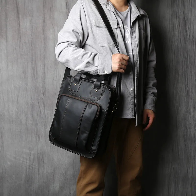 Genuine Leather Vertical Briefcase Handbag-Briefcase-Black-Free Shipping Leatheretro
