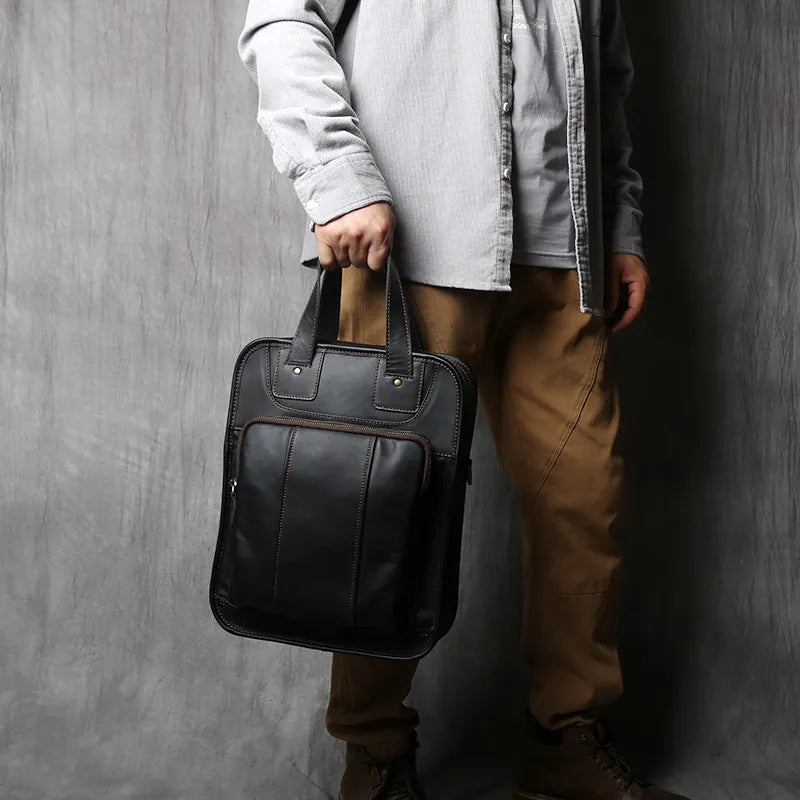 Genuine Leather Vertical Briefcase Handbag-Briefcase-Black-Free Shipping Leatheretro