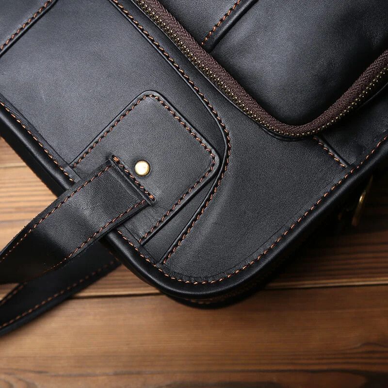 Genuine Leather Vertical Briefcase Handbag-Briefcase-Black-Free Shipping Leatheretro