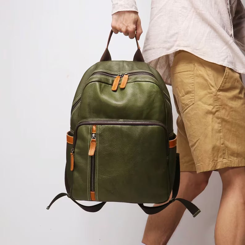 Genuine Leather Vintage Knapsack Backpack for Men - Full Grain Leather Daypack-Backpacks-Olive-Free Shipping Leatheretro