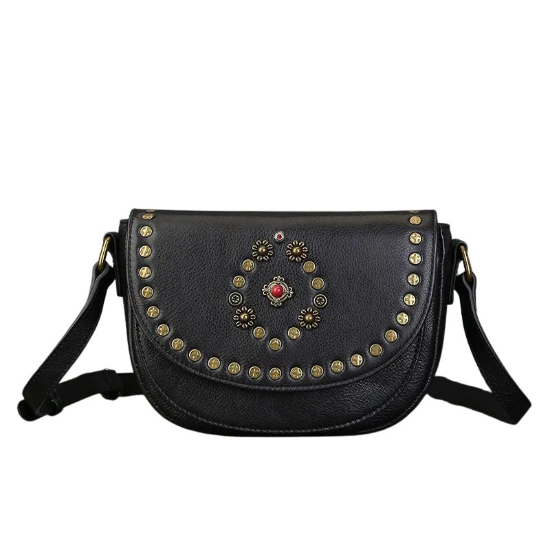 Genuine Leather Women's Saddle Bag - Retro Handmade Rivet Crossbody Bags-Handbags-Black-Free Shipping Leatheretro