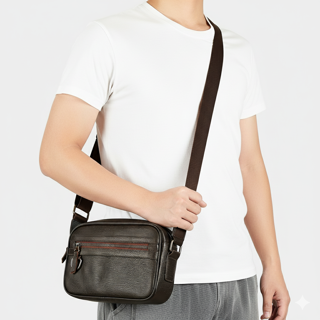 Genuine Leather Men's Crossbody Bag Luxury Cowhide Fashion Bag-Messenger Bag-Black-Free Shipping Leatheretro
