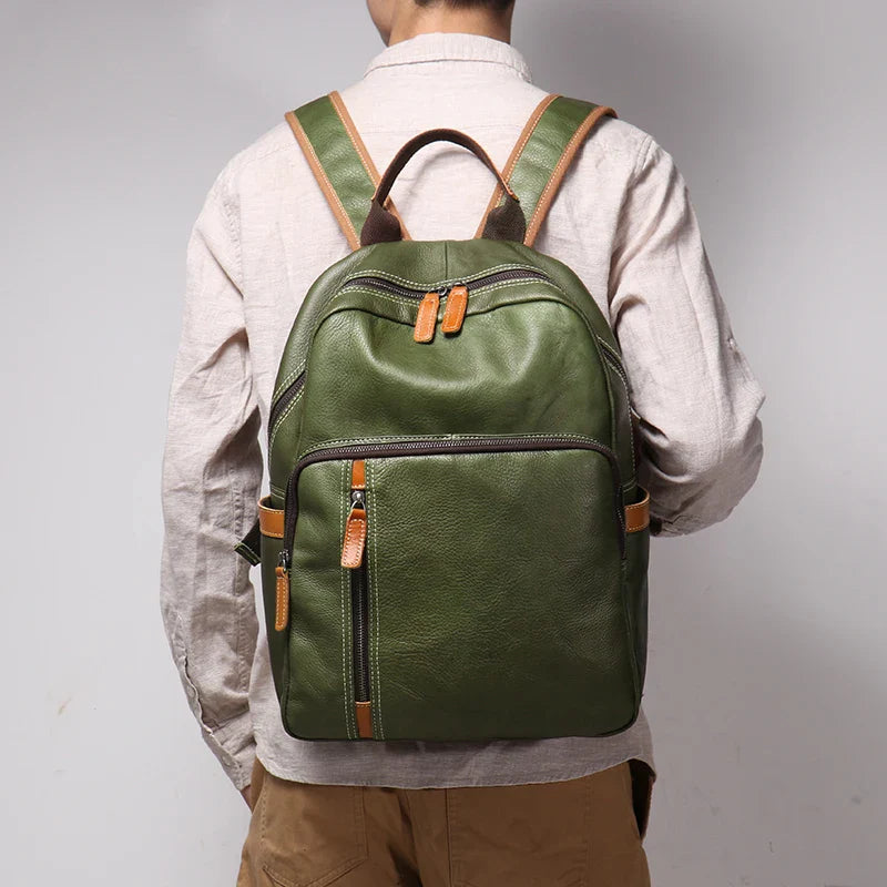 Genuine Leather Vintage Knapsack Backpack for Men - Full Grain Leather Daypack-Backpacks-Olive-Free Shipping Leatheretro