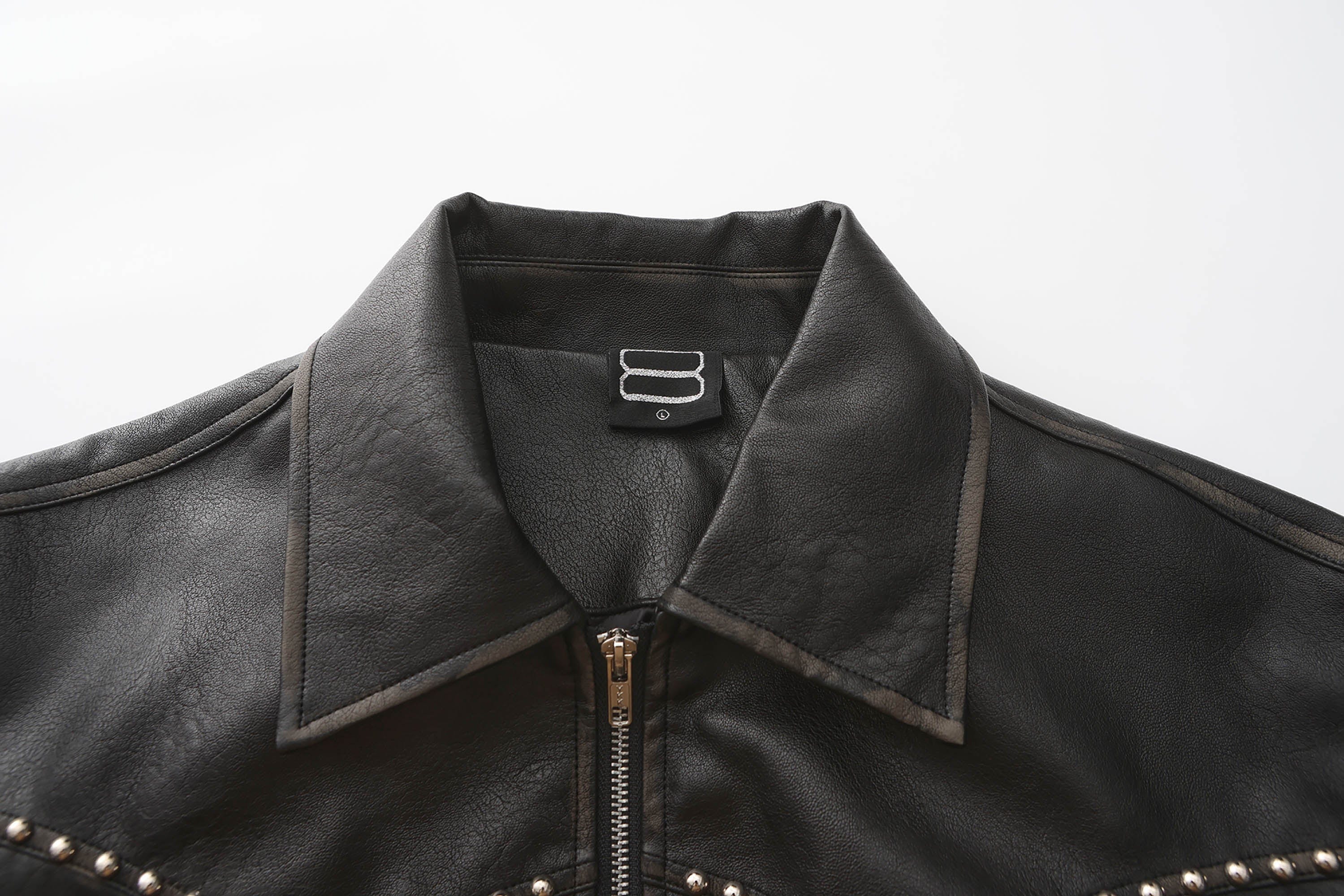 BLACK8MOB Distressed Graphics Faded Studded Leather Jacket-Jacket-S-Free Shipping Leatheretro