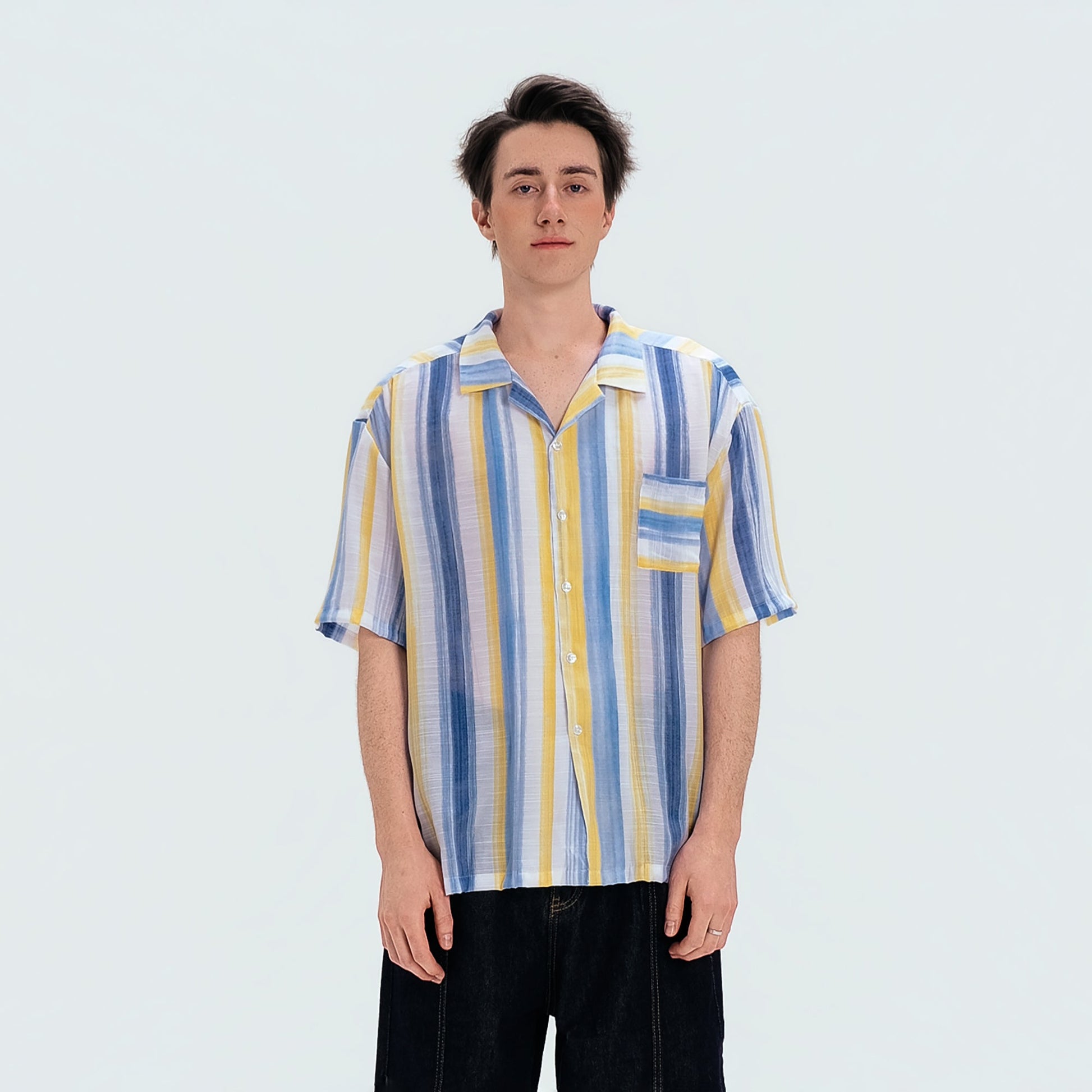 WIID Color-Block Striped Cuban Half Shirt-Half shirt-M (Preorder)-Free Shipping Leatheretro