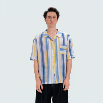 WIID Color-Block Striped Cuban Half Shirt-Half shirt-M (Preorder)-Free Shipping Leatheretro