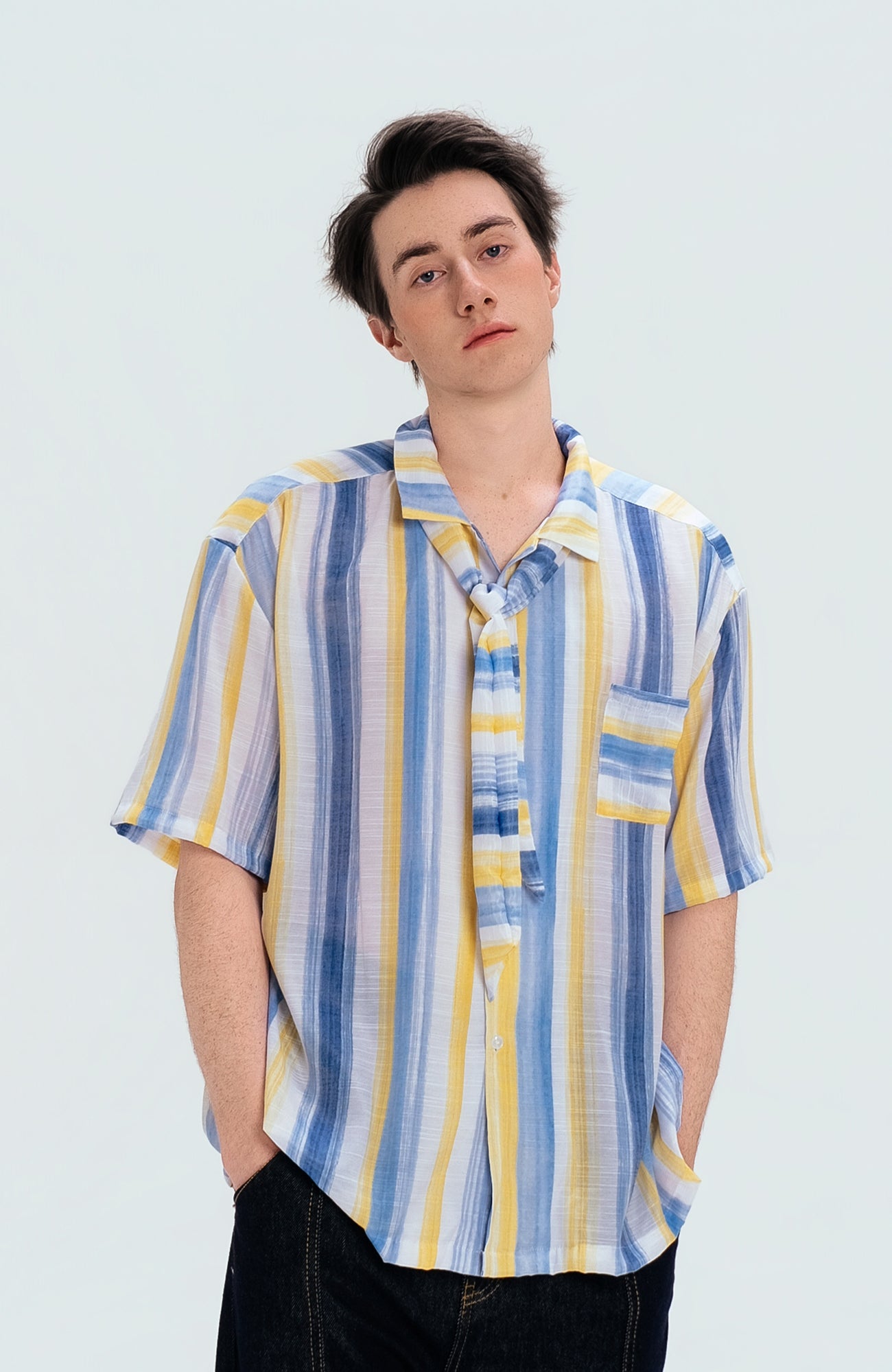 WIID Color-Block Striped Cuban Half Shirt-Half shirt-M (Preorder)-Free Shipping Leatheretro