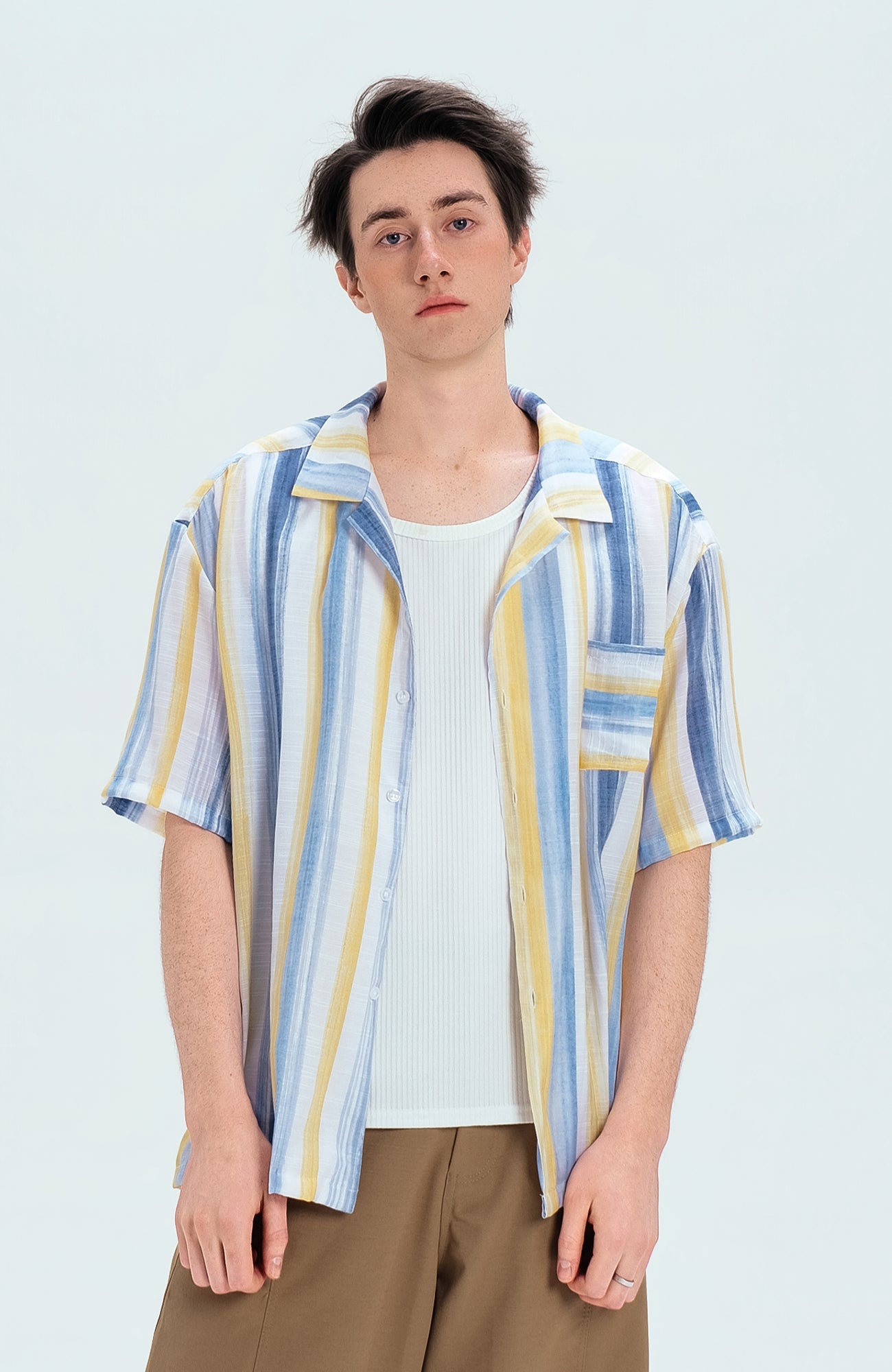 WIID Color-Block Striped Cuban Half Shirt-Half shirt-M (Preorder)-Free Shipping Leatheretro