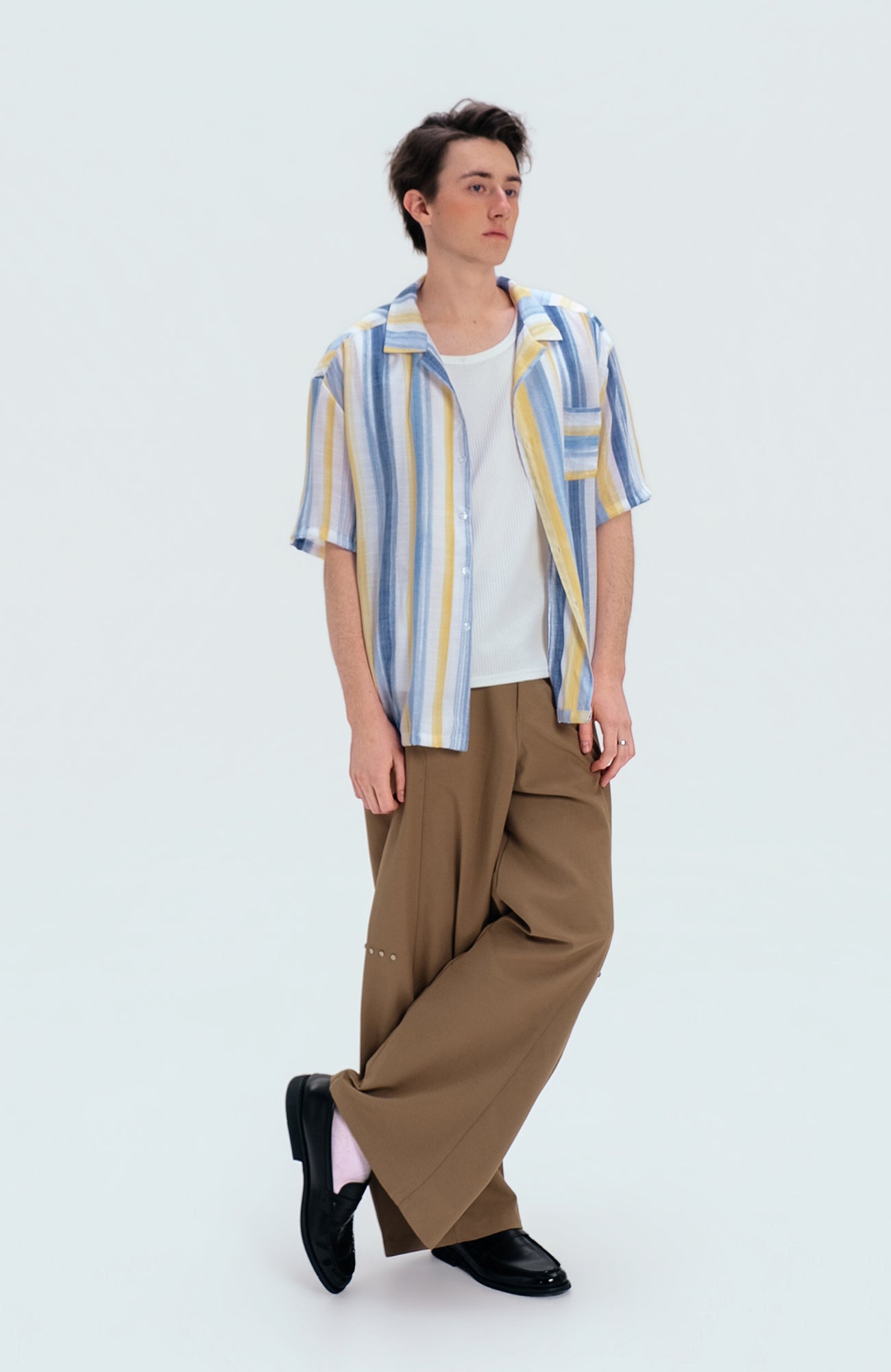 WIID Color-Block Striped Cuban Half Shirt-Half shirt-M (Preorder)-Free Shipping Leatheretro
