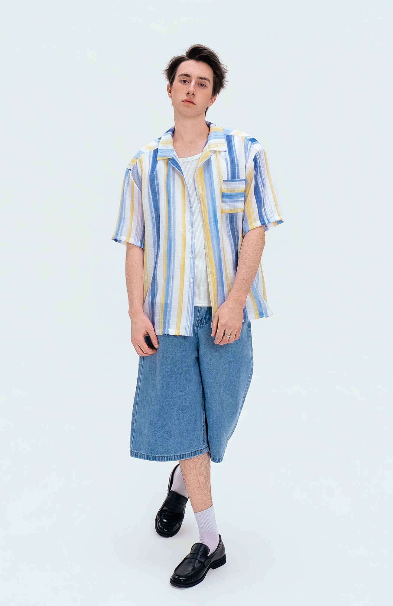 WIID Color-Block Striped Cuban Half Shirt-Half shirt-M (Preorder)-Free Shipping Leatheretro