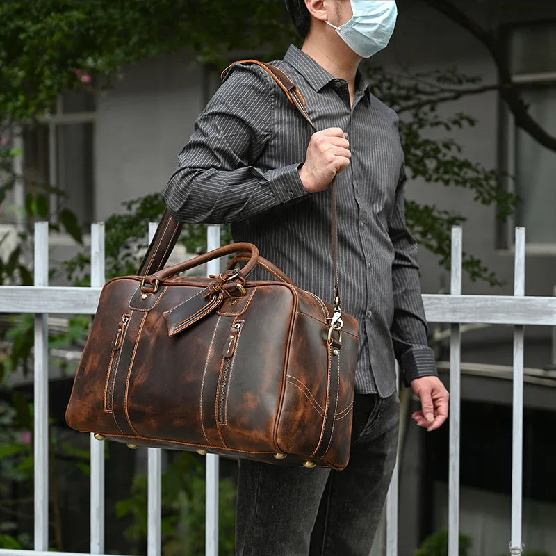 Handcrafted Crazy Horse Leather Travel Duffle-Duffle Bags-Coffee-Free Shipping Leatheretro
