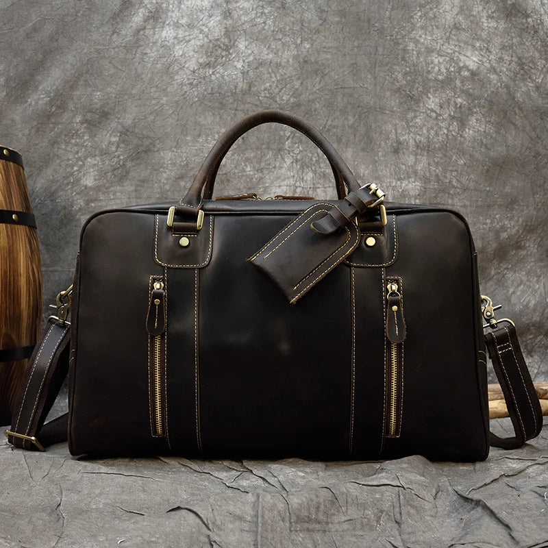 Handcrafted Crazy Horse Leather Travel Duffle-Duffle Bags-Coffee-Free Shipping Leatheretro