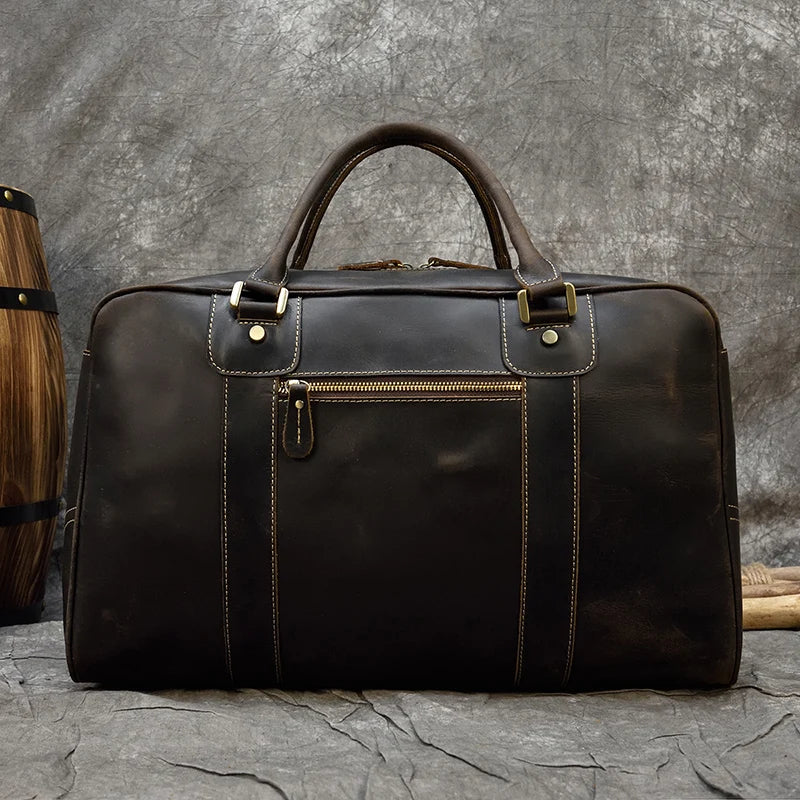 Handcrafted Crazy Horse Leather Travel Duffle-Duffle Bags-Coffee-Free Shipping Leatheretro