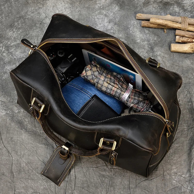 Handcrafted Crazy Horse Leather Travel Duffle-Duffle Bags-Coffee-Free Shipping Leatheretro
