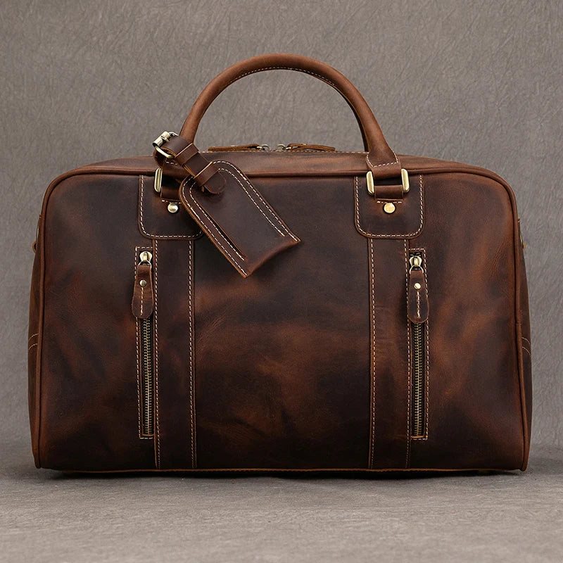 Handcrafted Crazy Horse Leather Travel Duffle-Duffle Bags-Coffee-Free Shipping Leatheretro