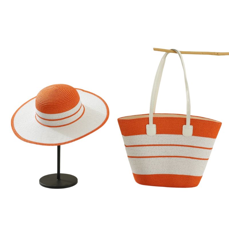 Handmade Designer Beach Straw Hat and Bag Set for Women-Tote Bag-Orange-Free Shipping Leatheretro
