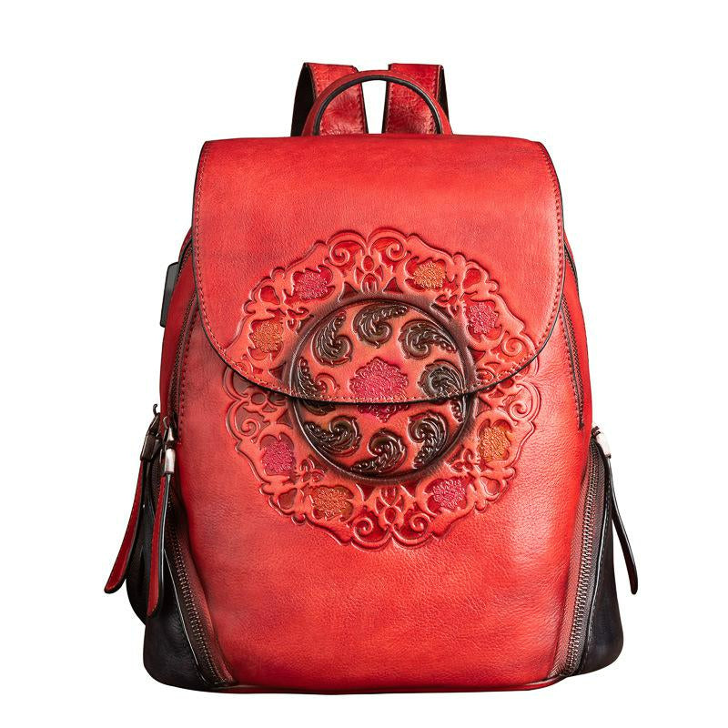 Handmade Embossed Vintage Fashion Backpack-Backpacks-Red-Free Shipping Leatheretro