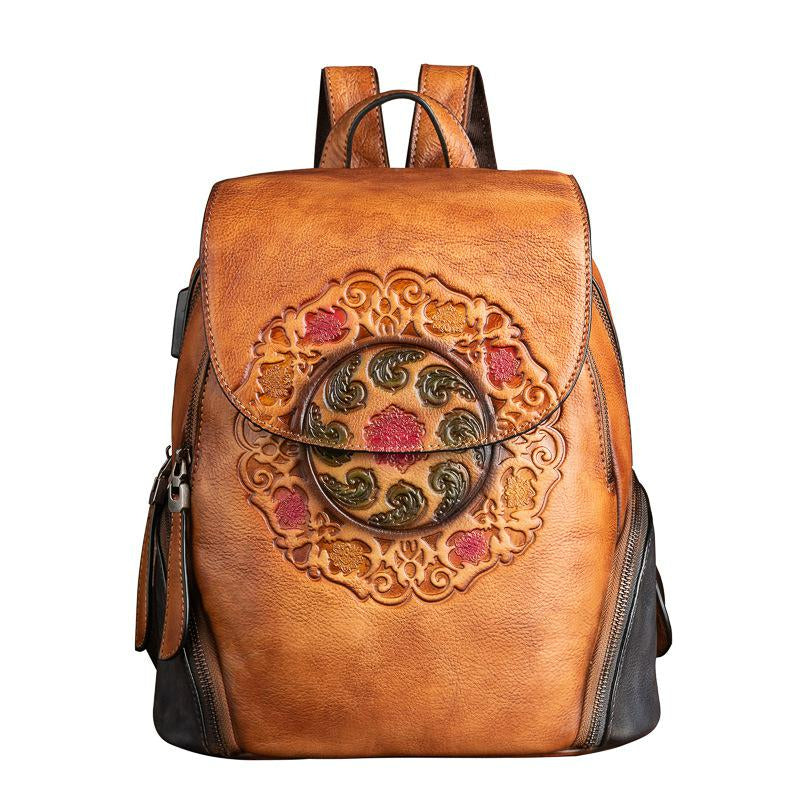 Handmade Embossed Vintage Fashion Backpack-Backpacks-Yellow-Free Shipping Leatheretro