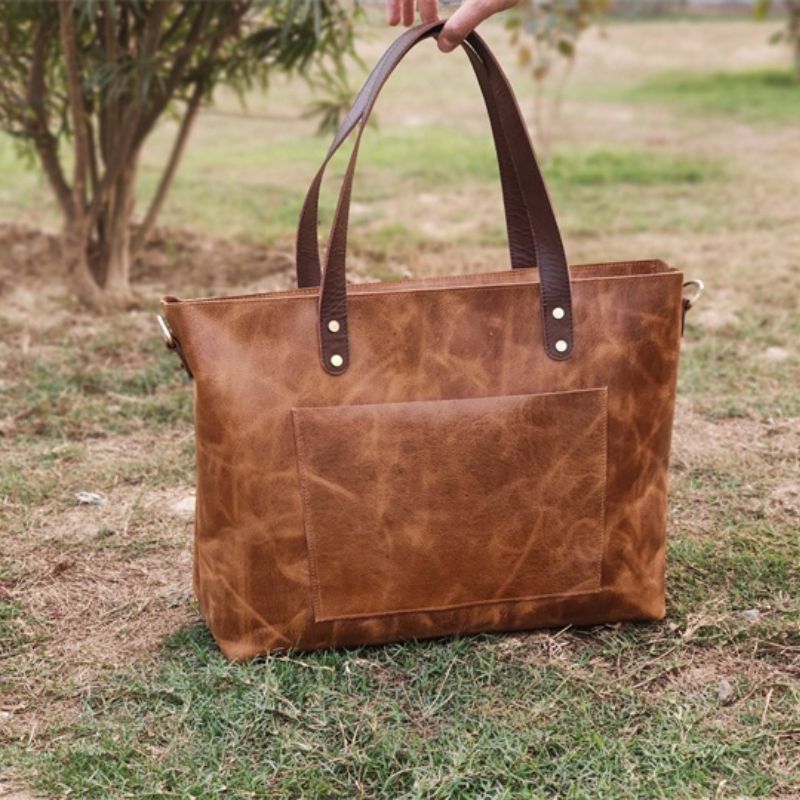 Stylish Handmade Genuine Leather Tote Bag-Tote Bag-Dark Brown-Free Shipping Leatheretro