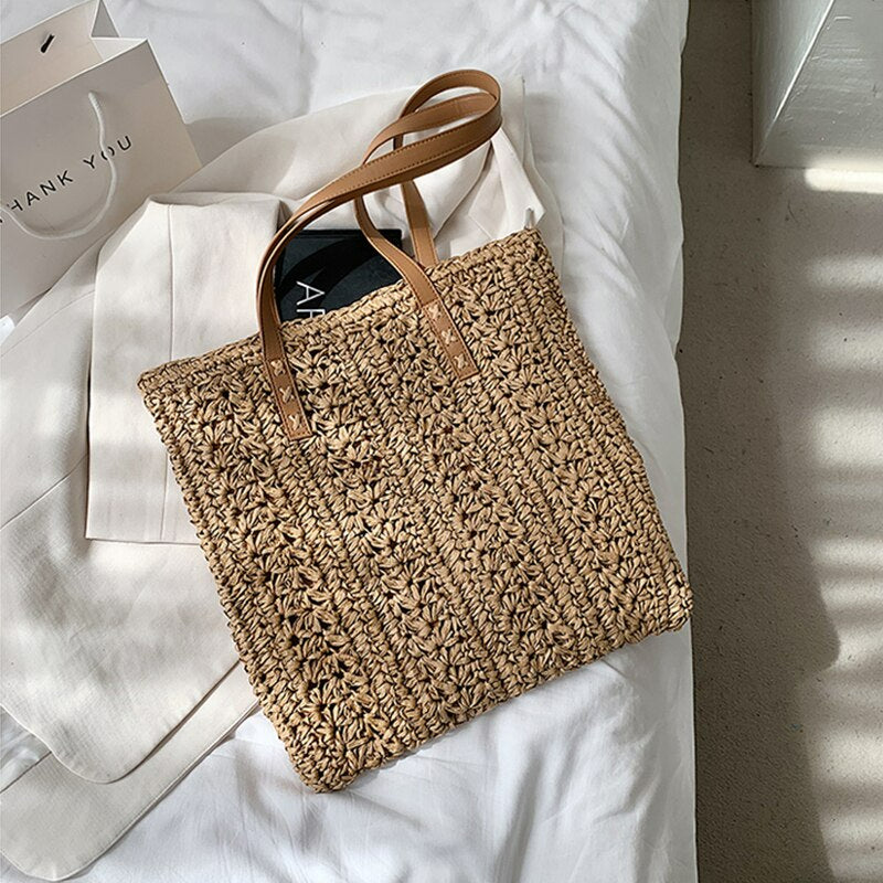 Handmade Square Straw Beach Bag-Tote Bag-Khaki-Free Shipping Leatheretro