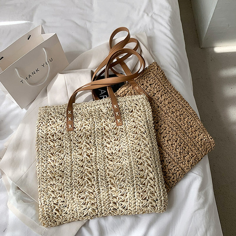 Handmade Square Straw Beach Bag-Tote Bag-Beige-Free Shipping Leatheretro