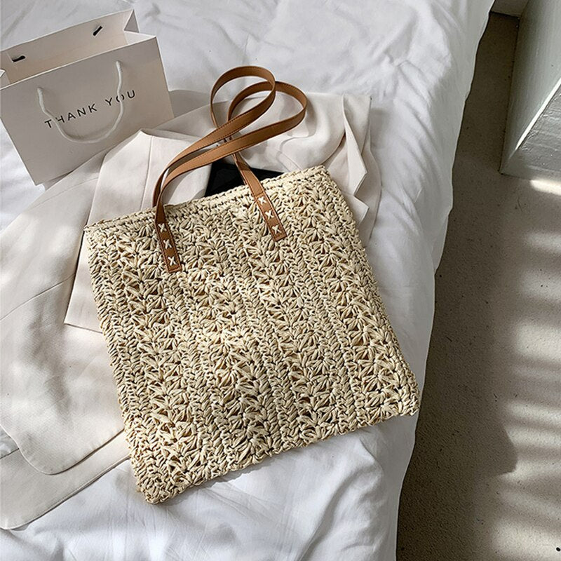 Handmade Square Straw Beach Bag-Tote Bag-Beige-Free Shipping Leatheretro