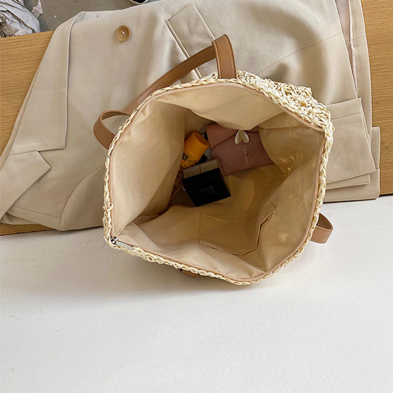 Handmade Square Straw Beach Bag-Tote Bag-Beige-Free Shipping Leatheretro