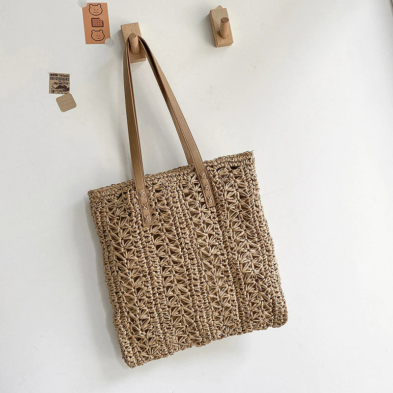 Handmade Square Straw Beach Bag-Tote Bag-Beige-Free Shipping Leatheretro