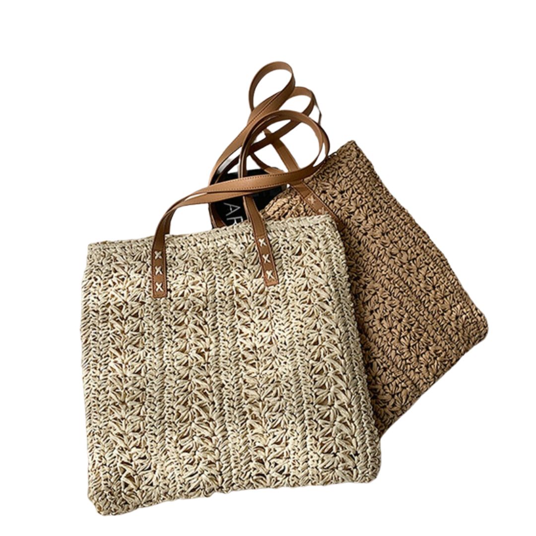 Handmade Square Straw Beach Bag-Tote Bag-Beige-Free Shipping Leatheretro