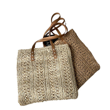 Handmade Square Straw Beach Bag-Tote Bag-Beige-Free Shipping Leatheretro