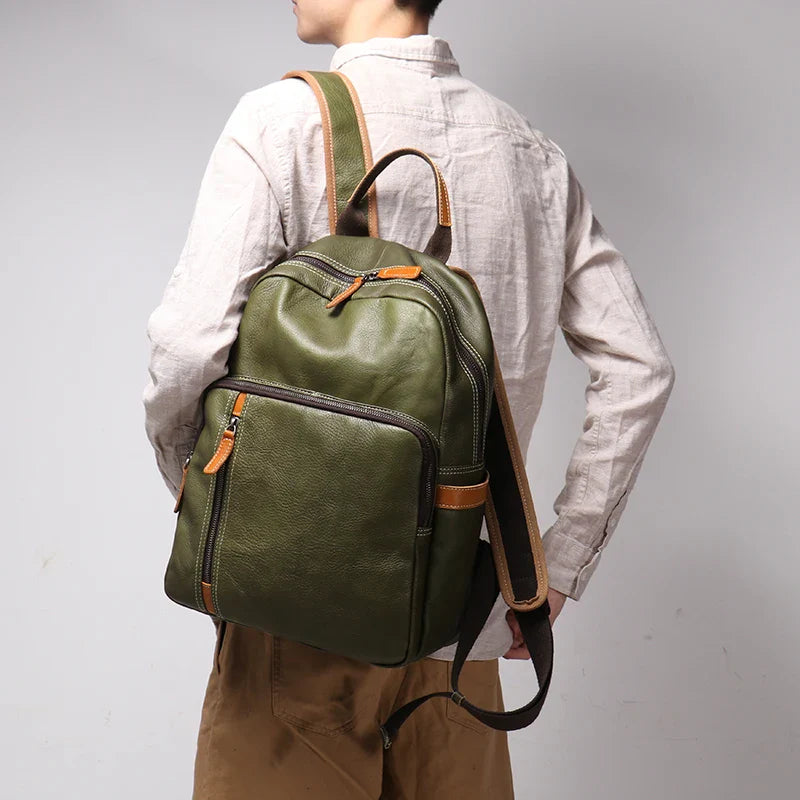 Genuine Leather Vintage Knapsack Backpack for Men - Full Grain Leather Daypack-Backpacks-Olive-Free Shipping Leatheretro