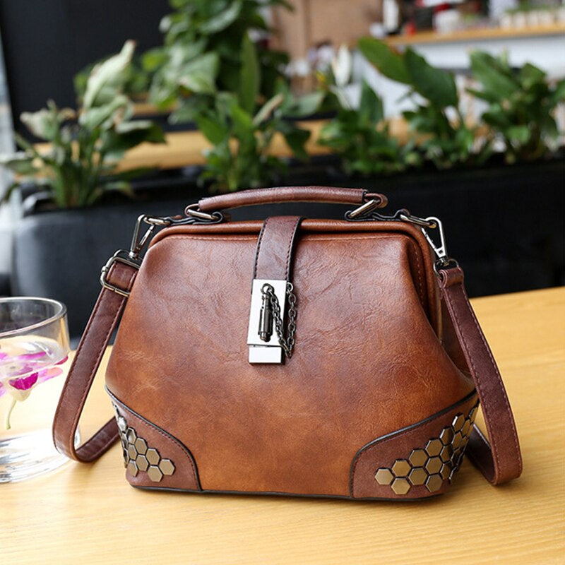 Hip Smart Leather Riveted Cross Body Shoulder Bag-Handbags-Brown-Free Shipping Leatheretro