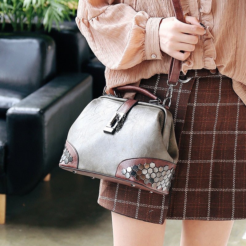 Hip Smart Leather Riveted Cross Body Shoulder Bag-Handbags-Pink-Free Shipping Leatheretro