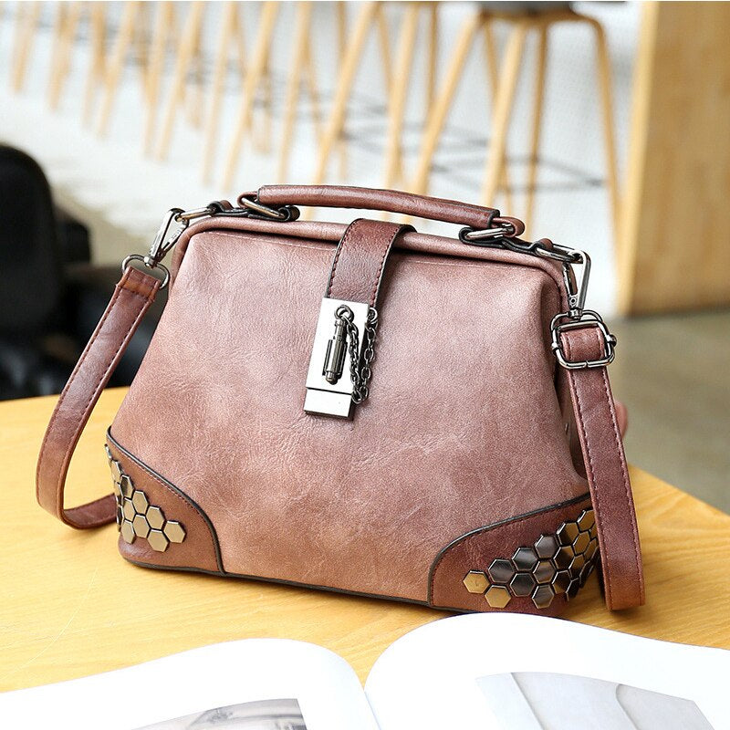 Hip Smart Leather Riveted Cross Body Shoulder Bag-Handbags-Pink-Free Shipping Leatheretro