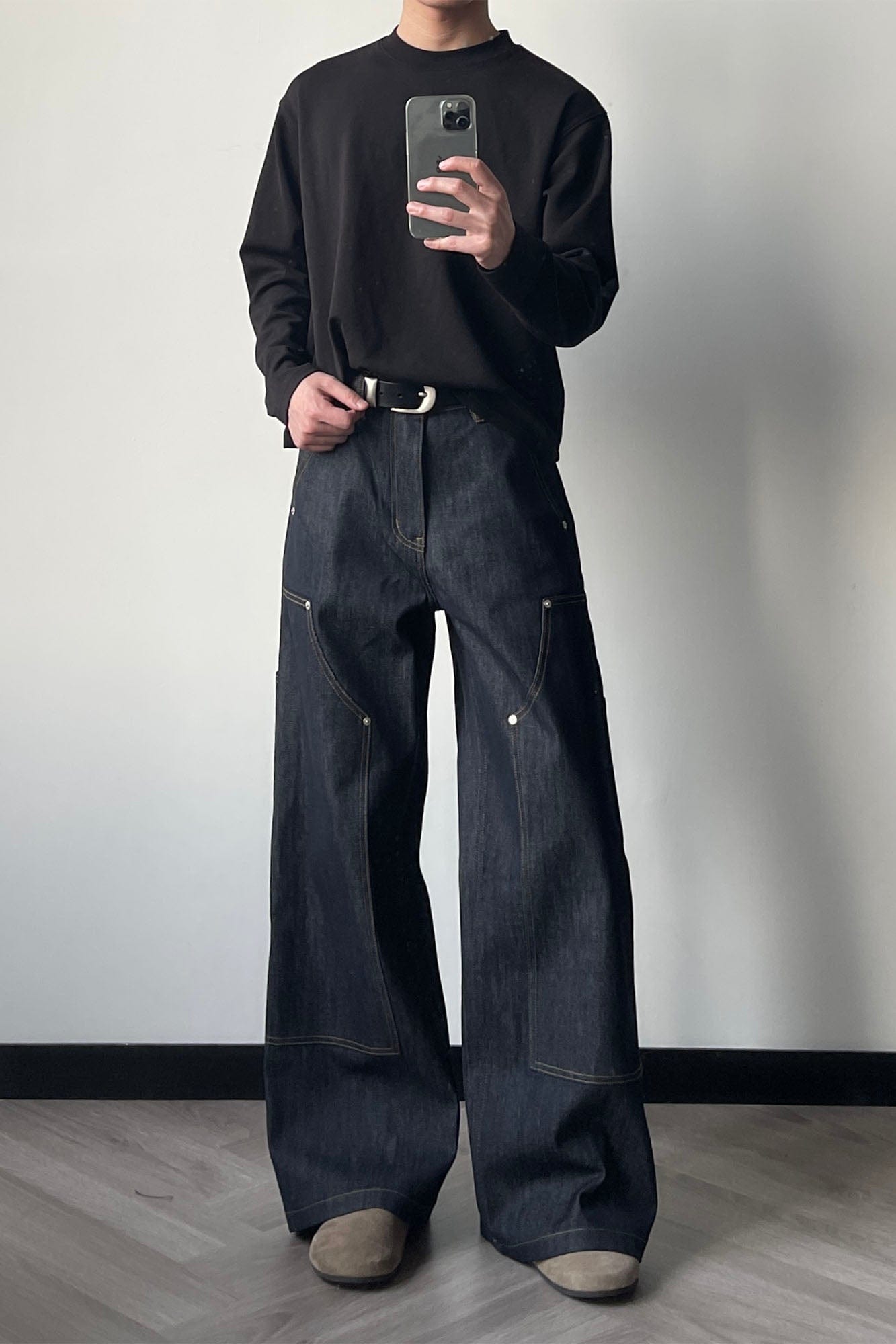 OKAYTHXBYE Paneled Double-Knee Wide-Leg Denim Pants-Jeans-S-Dark Blue-Free Shipping Leatheretro