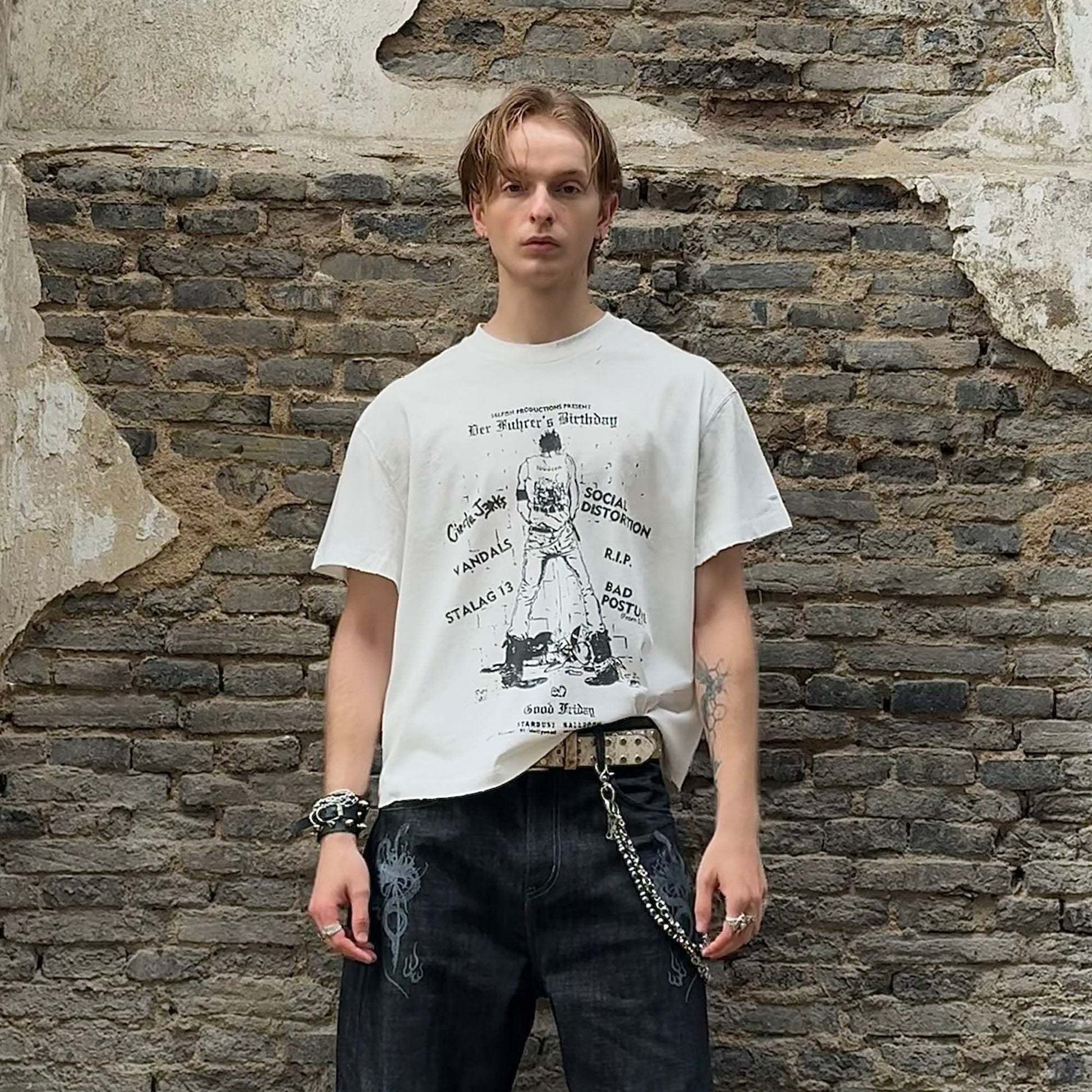 LUUUCAM Punk Flyer Distressed Graphic T-Shirt-T Shirt-S-Free Shipping Leatheretro