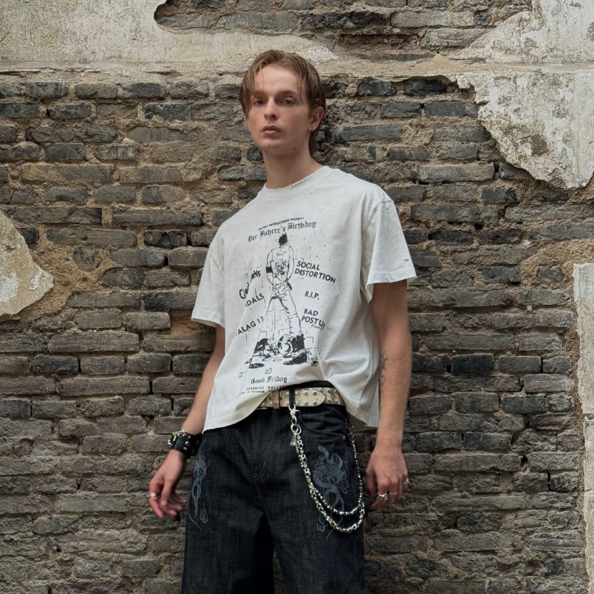 LUUUCAM Punk Flyer Distressed Graphic T-Shirt-T Shirt-S-Free Shipping Leatheretro