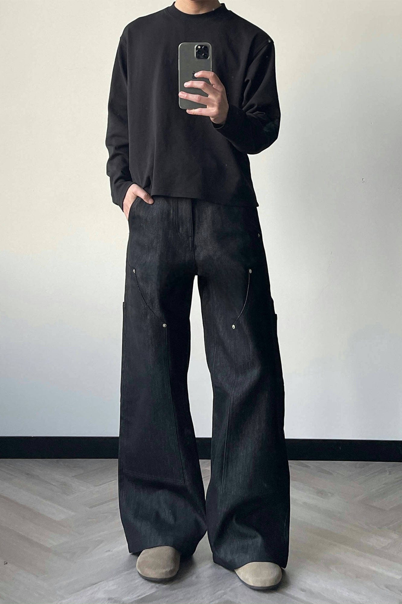 OKAYTHXBYE Paneled Double-Knee Wide-Leg Denim Pants-Jeans-S-Dark Blue-Free Shipping Leatheretro